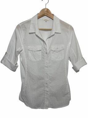 Cavalini Womens White Crinkle Button Roll Tab Shirt Size S Chest Pockets Casual
